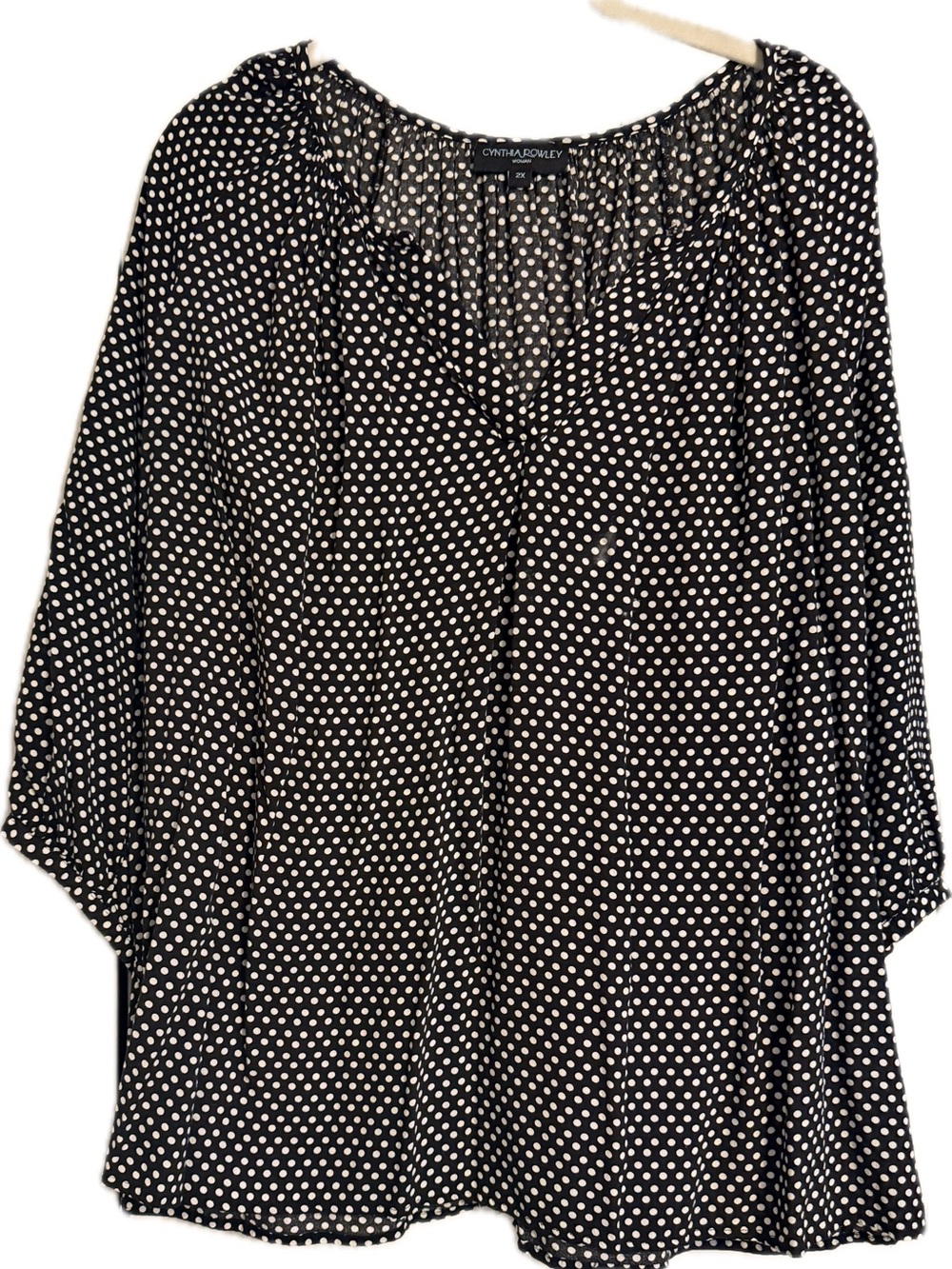 Cynthia Rowley Black White Polka Dot Blouse Plus Size 2X V-Neck 3/4 Sleeve